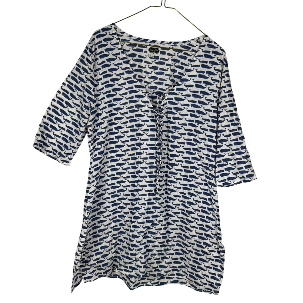 Mud Pie Coastal Nautical Preppy Women Tunic Beach Cover Up Blue White Cotton